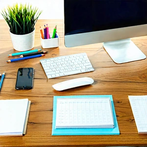 Business Architectural Photography: Workplace With Productivity Tools On Desk With Wooden Desk