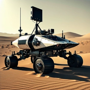A Large Robotic Vehicle Is Sitting In A Desert Landscape