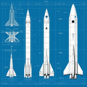 A Blue Drawing Of A Rocket Ship Is Shown, With Three Different Views Of The Rocket