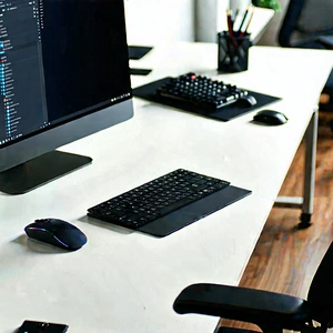 Business Aerial Photography: Workplace with (digital:1.28) devices on desk