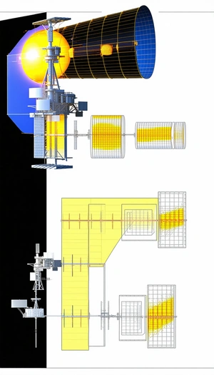 A Large Satellite Is Shown In A Drawing, With A Yellow And Blue Background