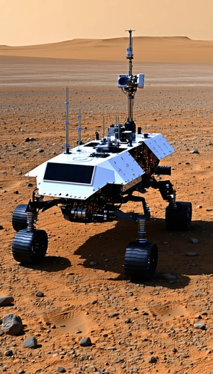 A White Robot Is Sitting On A Dirt Field, With A Rocky Terrain Surrounding It