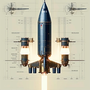 A Rocket Ship Is Shown In A Drawing, With Its Engine And Booster On Display