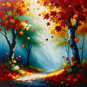 Nature Oil Painting: Autumn Leaves In Misty Environment With Image, There
