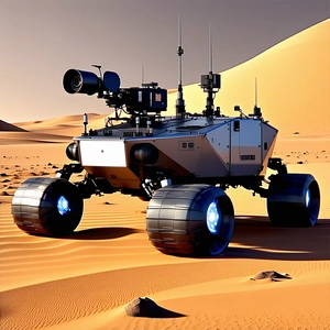 A Large, Futuristic-looking Vehicle With Four Wheels, Resembling A Tank Or A Rover