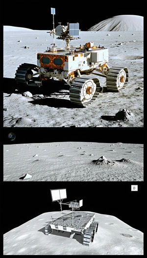 The Image Is A Split Photo Of A Rover On The Moon