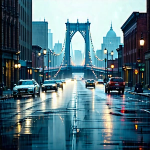 Urban Etching: Iconic Bridge With Rain-slicked Streets With Busy City
