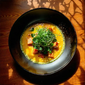 Lifestyle Long Exposure Photography: Plant-based Dish Prepared With Organic Components With Bowl Soup