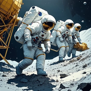 In This Image, There Are Four Astronauts Wearing White Suits, Standing On A Rocky Surface