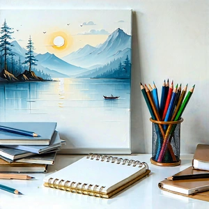 Business Acrylic Painting: Workplace With Notebooks And Pens On Desk With Painting Mountain
