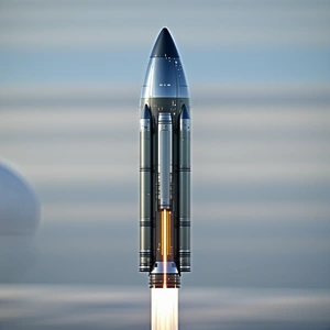 A Rocket Is Shown In A Close-up Shot, With Its Engine Lit Up