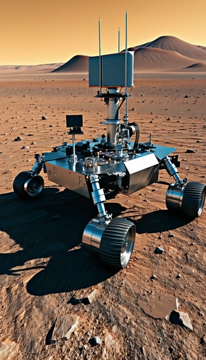 A Large Robotic Vehicle, Possibly A Rover, Sitting On A Dirt Surface