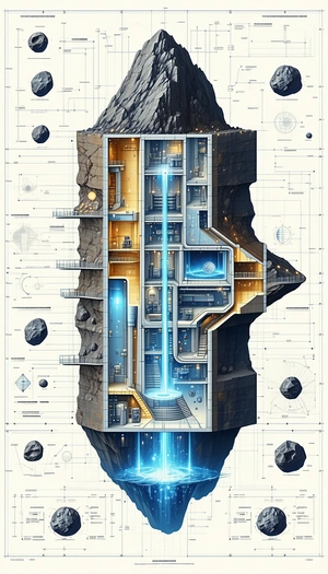 A Blue And Yellow Drawing Of A Building Is Shown