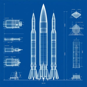 The Image Is A Blue Drawing Of A Rocket Ship, Showing The Different Parts Of The Rocket