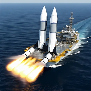 A Large Space Shuttle On A Boat, With Two Rockets Attached To The Side Of The Shuttle