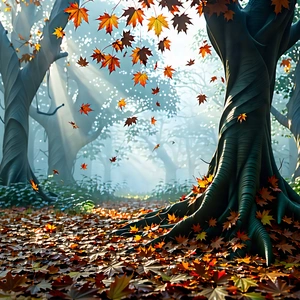 Nature Low Poly: Autumn Leaves In Misty Environment With Image, There