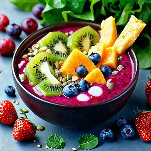 Lifestyle Oil Painting: Smoothie Bowl Prepared With Organic Components With Bowl Filled