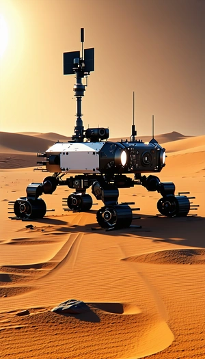 A Large Robotic Vehicle Is Sitting In The Middle Of A Desert
