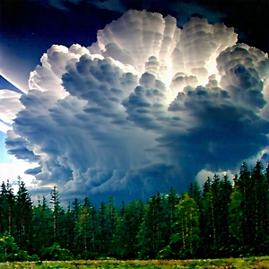 Nature Lithograph: Dramatic Clouds Over Forest Clearing With Large Cloud
