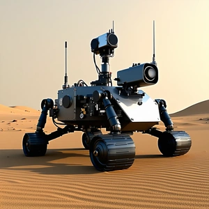 A Large Robotic Vehicle With A Humanoid Appearance, Standing On A Sandy Surface