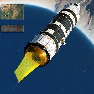 A Large Spacecraft Is Shown In A Blue Sky, With A Yellow Beam Coming Out Of It