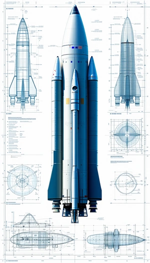 A Large Blue Rocket Ship Is Shown In A Series Of Blueprints