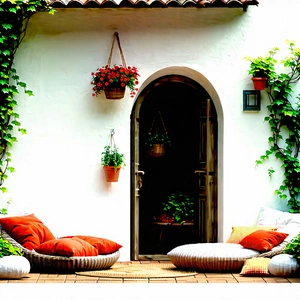 Lifestyle Digital Art: Balcony Garden With Comfortable Textiles With White Doorway