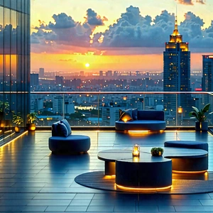 Urban Isometric Design: Observation Deck With Sunset Glow With Rooftop Patio