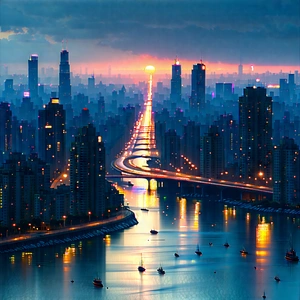 Urban Infographic Style: Cityscape Of Modern Metropolis During Sunrise With Beautiful Nighttime
