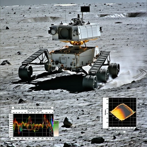 A White Robotic Vehicle, Possibly A Rover, Driving Across A Rocky Terrain