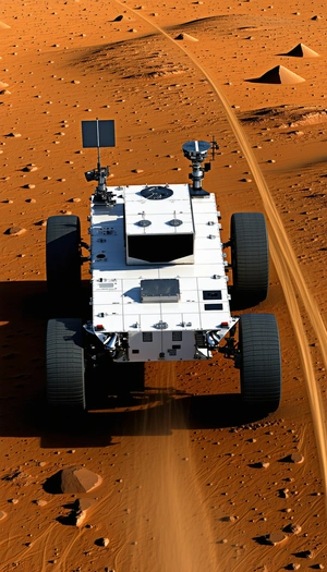 A White Vehicle With A Large Wheel, Driving On A Dirt Road