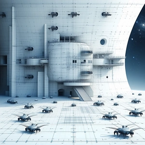 In This Futuristic Scene, A Large White Building Is Surrounded By Numerous Small Flying Robots