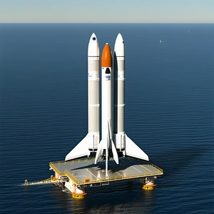 A Large White Rocket Ship Is Floating On Top Of A Yellow Platform In The Ocean
