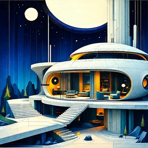 Tech Woodcut Print: (futuristic:1.49) Smart Home With Painting Futuristic