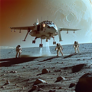 A Space Shuttle Is Flying Over A Rocky Surface, With Three Astronauts Standing On The Ground Below