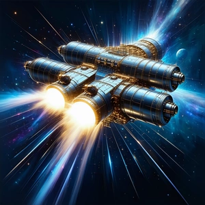 A Spacecraft Is Shown In A Close-up View, With Its Engines Glowing Brightly