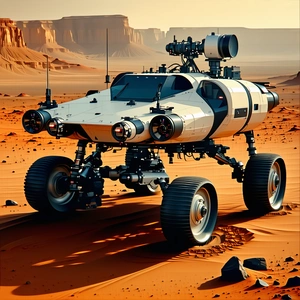 A Futuristic Vehicle Is Driving Across A Desert Landscape