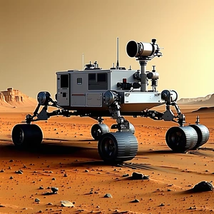 A Large Robotic Vehicle, Possibly A Rover, Driving Across A Rocky Terrain