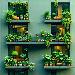 Lifestyle Drone Photography: Balcony Garden With Minimalist Decor With Large Building