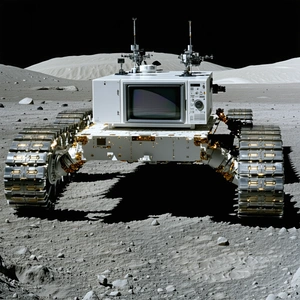 A White Robotic Vehicle Is Parked On A Rocky Surface, With A Television Screen Mounted On Its Front