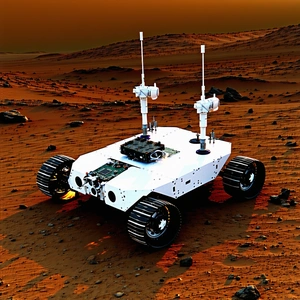 A White Robotic Vehicle With Two Large Wheels, Driving Across A Red Dirt Surface