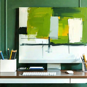 Business Oil Painting: Workplace with (modern:1.23) office supplies on desk