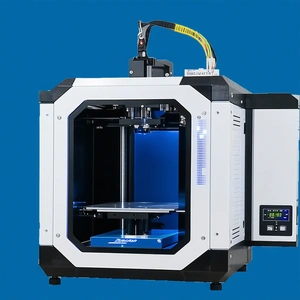 A Large, White, And Black Machine Is Sitting On A Blue Background