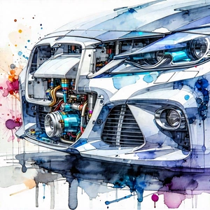 Tech Watercolor Painting: Automotive Technology In Research Center With Painting Car,