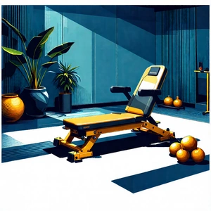 Lifestyle Linocut Print: Wellness Scene With Fitness Equipment With Image, There