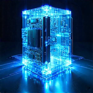 Quantum Computer With Blue Light Glow With Blue, Three-dimensional