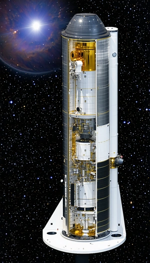A Large Spacecraft, Possibly A Rocket Or A Space Shuttle, With A White And Gold Color Scheme