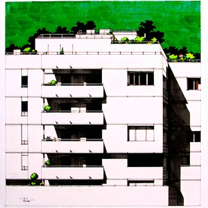 Urban Ink Drawing: Modern apartment complex with green rooftop