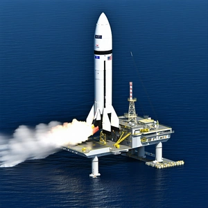 A Rocket Ship Is On A Platform In The Ocean