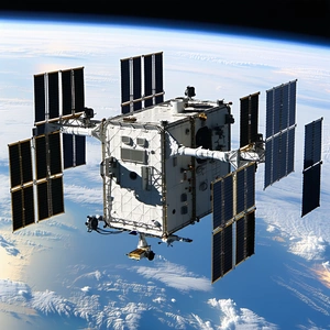 A Space Shuttle With A Large Satellite Dish On Top Of It